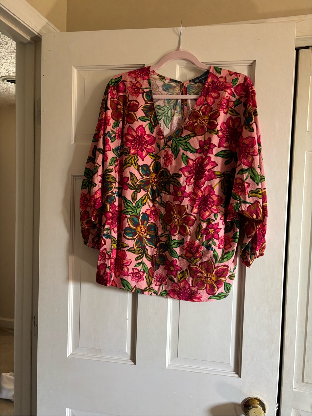 Democracy Pink Floral V-Neck Blouse with Three-Quarter Sleeves